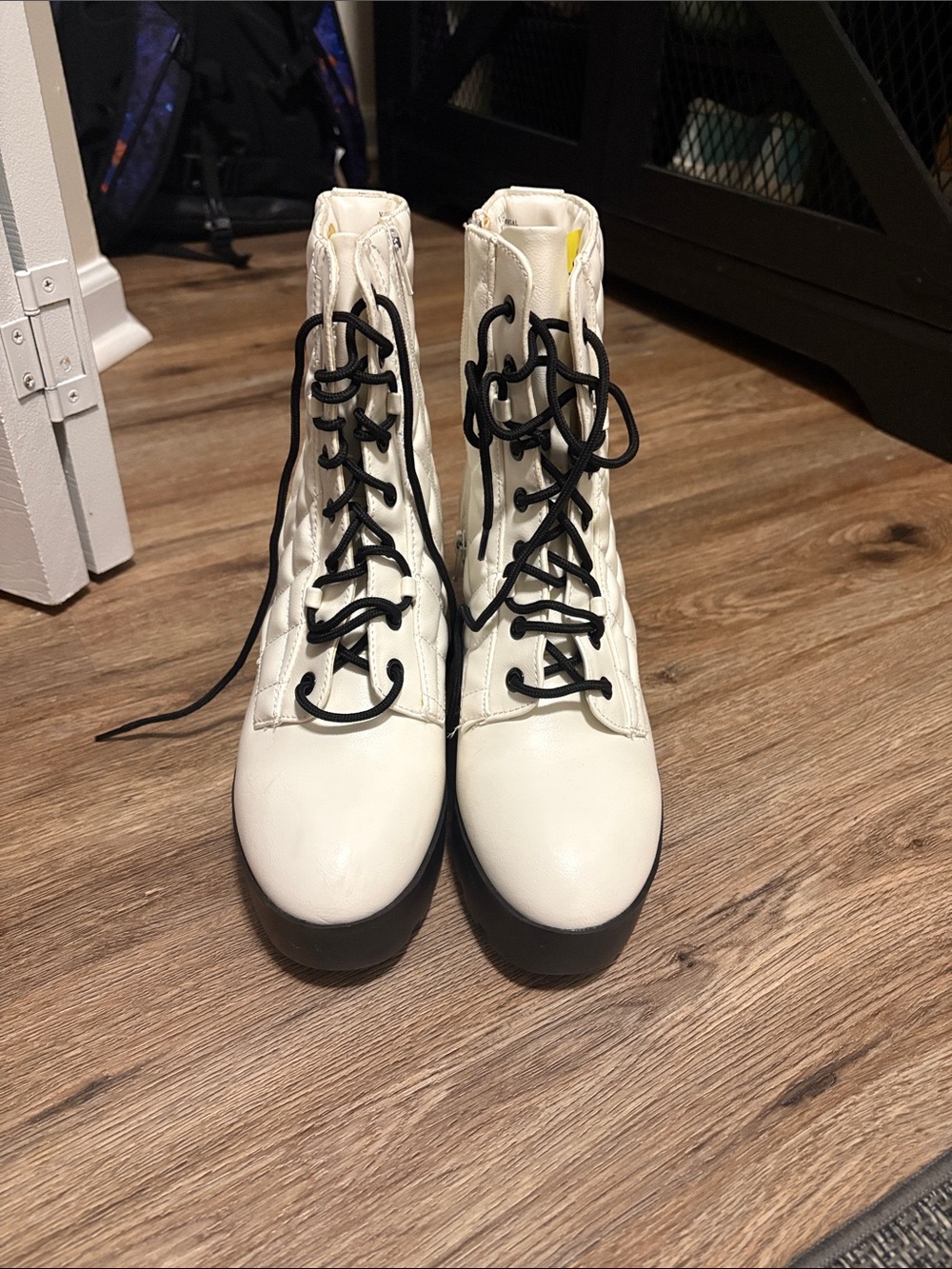 BAMBOO White Lace-Up Combat Boots with Black Laces